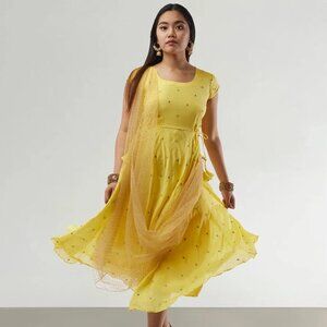 Yellow Banarasi Georgette Dress with Net Dupatta | Muvvas Boutique